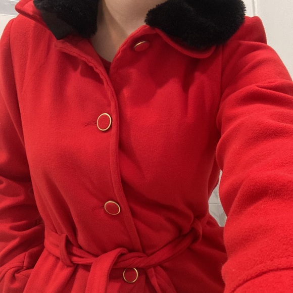 Red kid’s coat with removable fake fur neckline. - Picture 2 of 2